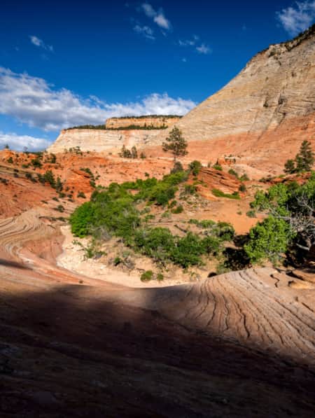 A desert landscape with vibrant red and orange sandstone formations, featuring layered rock patterns and sparse green vegetation under a clear blue sky.