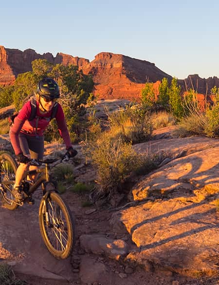Two mountain bikers riding on top of large, sandy rocks among small bushes.