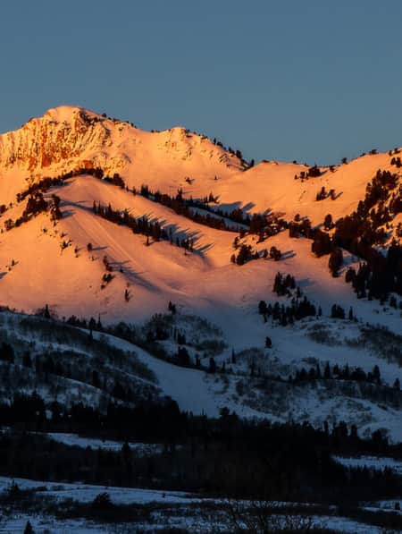 A range of snowy mountains with the setting sun casting a golden glow on the peaks.