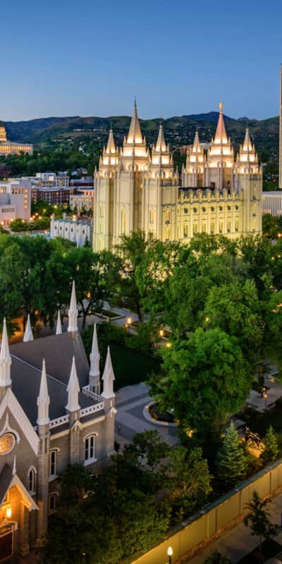 Temple Square is the literal and figurative heart of Salt Lake City, whose cluster of modest skyscrapers rise in neat rows along the all-encompassing “grid” of the city.
