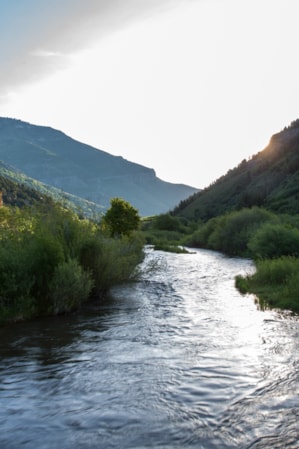 A river flowing between two mountains covered in green bushes and trees.