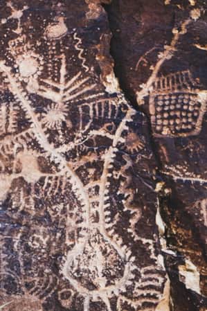 A close-up view of petroglyphs etched into the surface of a rock.