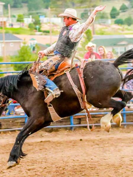 A man wearing cowboy attire, getting bucked by a horse in an arena.