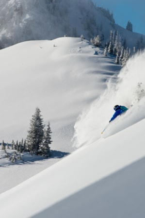 A skier making a wide turn down the snowy side of a mountain, kicking up a cloud of powder.