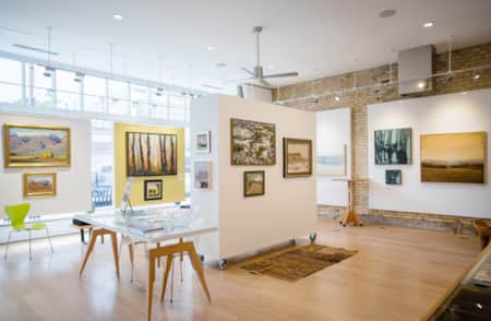 A gallery with abundant natural lighting showcasing art depicting nature scenes.