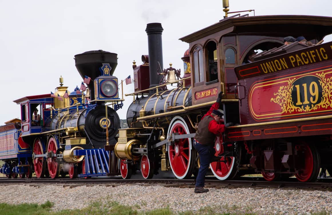 The replica steam locomotives Jupiter and No. 119 meet in Promontory, Utah