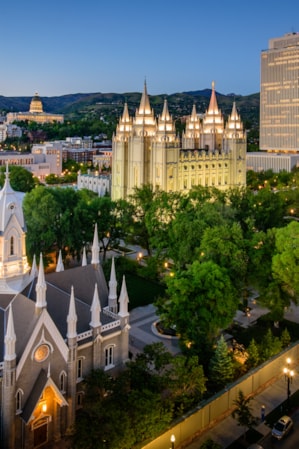 A large city center with various religious buildings illuminated by lights at dusk.