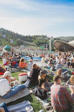 An audience seated on a lawn at an outdoor concert venue.