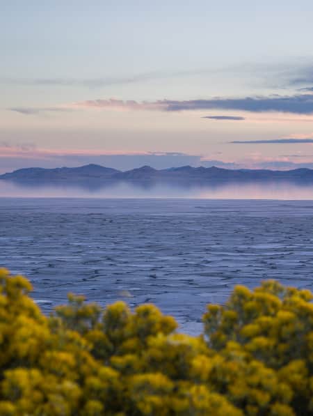 Blue and pink-hued sky reflected in the water of the Great Salt Lake.