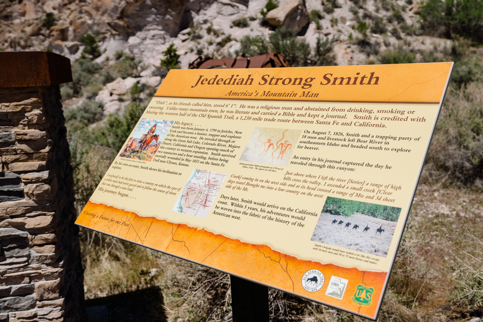 Roadside marker gives information about Jedediah Smith. 