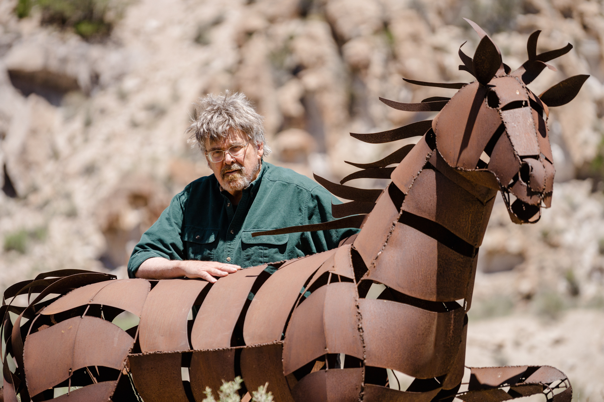 Bob Leonard with an art installation at Fremont Indian State Park Museum.