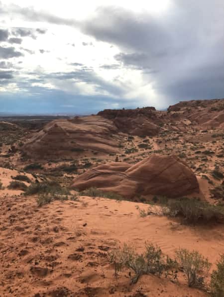A scenic landscape of sand, sparse vegetation, and various red rock formations.