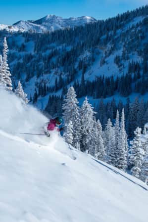 A skier making a turn down a snowy mountain, kicking up a spray of snow behind them.