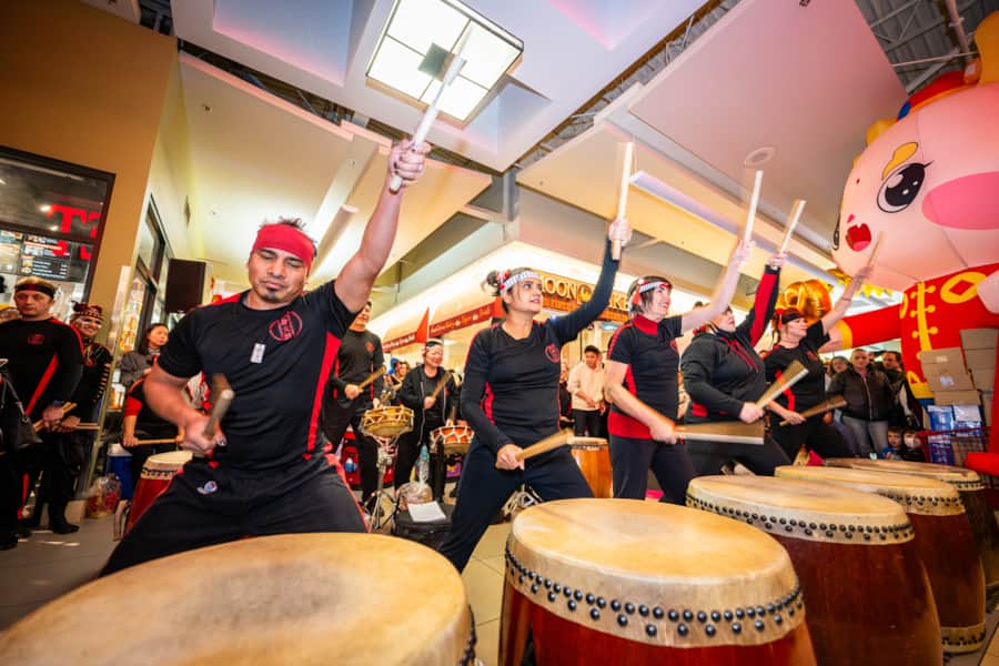 Salt Lake-based community group Kenshin Taiko performs on traditional Japanese taiko drums.