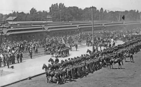 9th Calvary lined up at the Denver and Rio Grande Western Railroad Deport After Returning to Utah from the Spanish-American War, c. 1898.