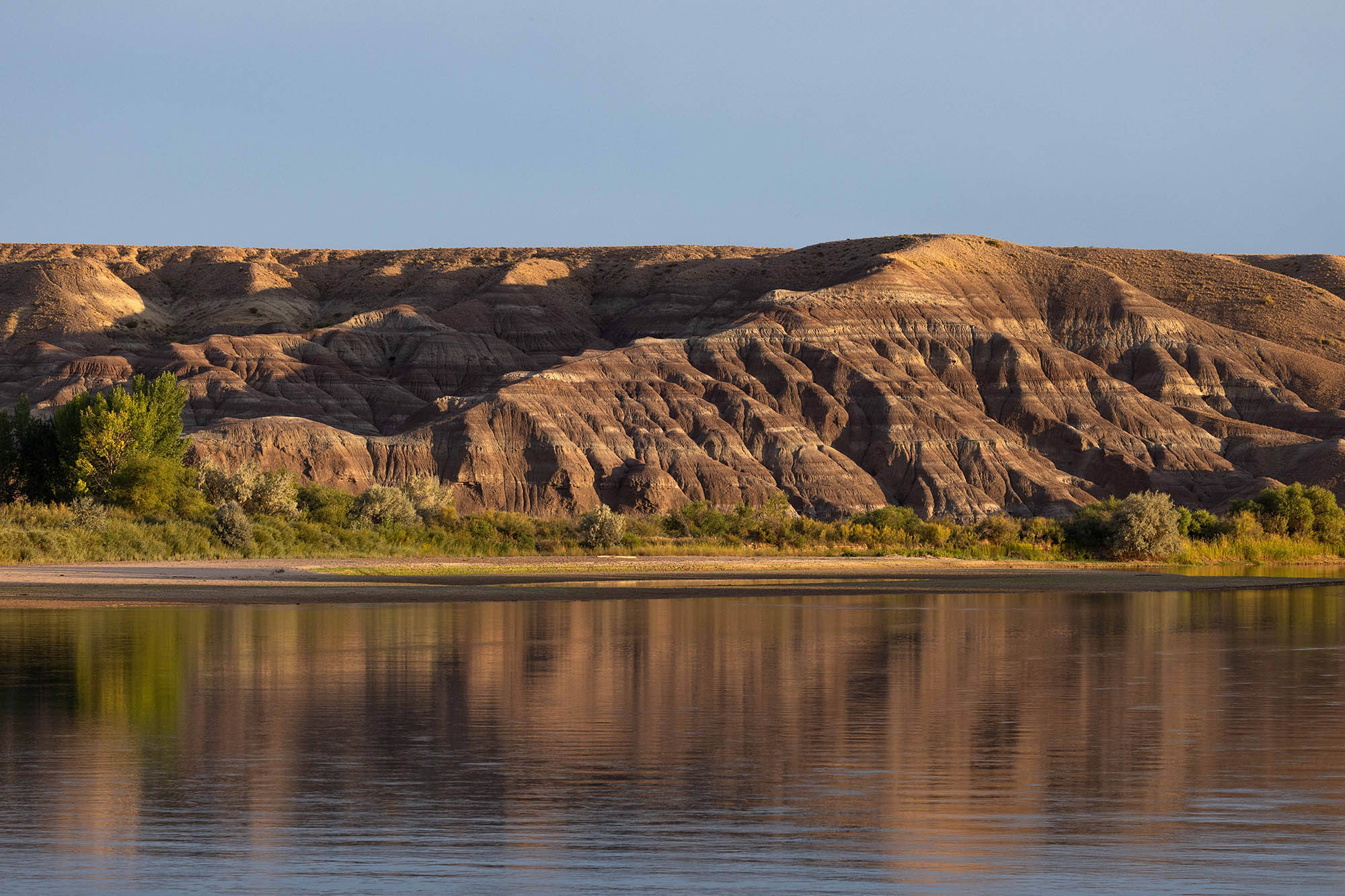 The clay bluffs along the Green River glow before sunset; a great blue heron fishes in the shallows.