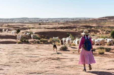 Woman walking outside with her dog on a hilly red rock landscape, herding a group of sheep.