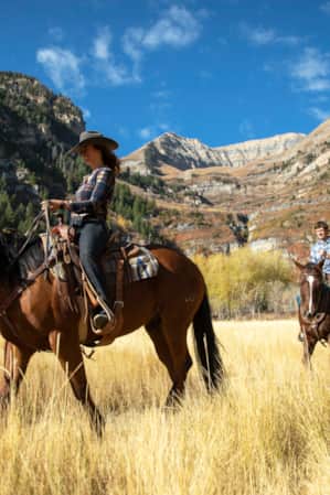 Three people horseback riding in a field of tall grass, with mountains in the background.
