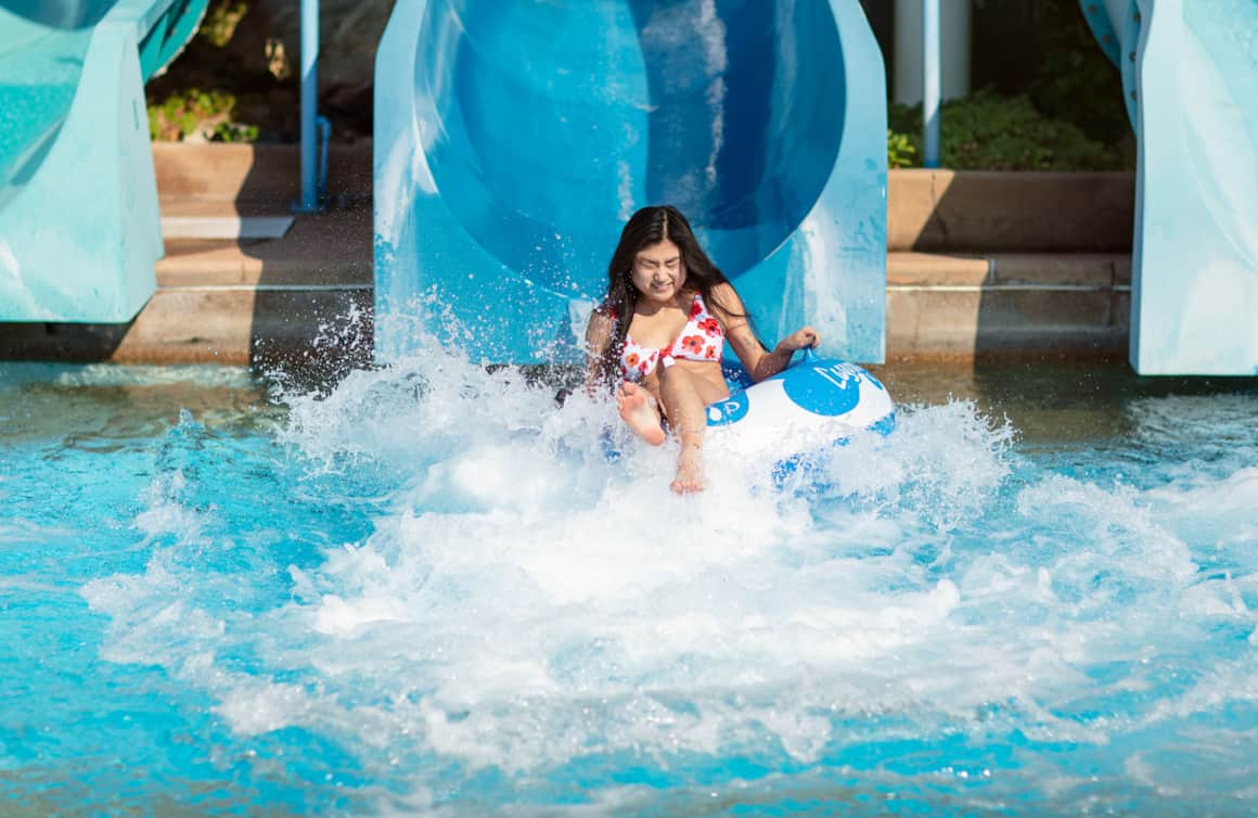 Ready for a splashdown? The waterslides at Lagoon A Beach deliver unforgettable fun for all ages.