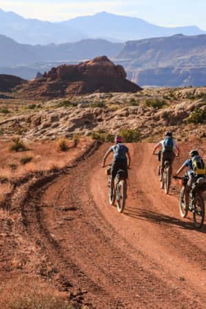 Three people mountain biking on a sandy trail in the desert, heading toward large red rock formations.