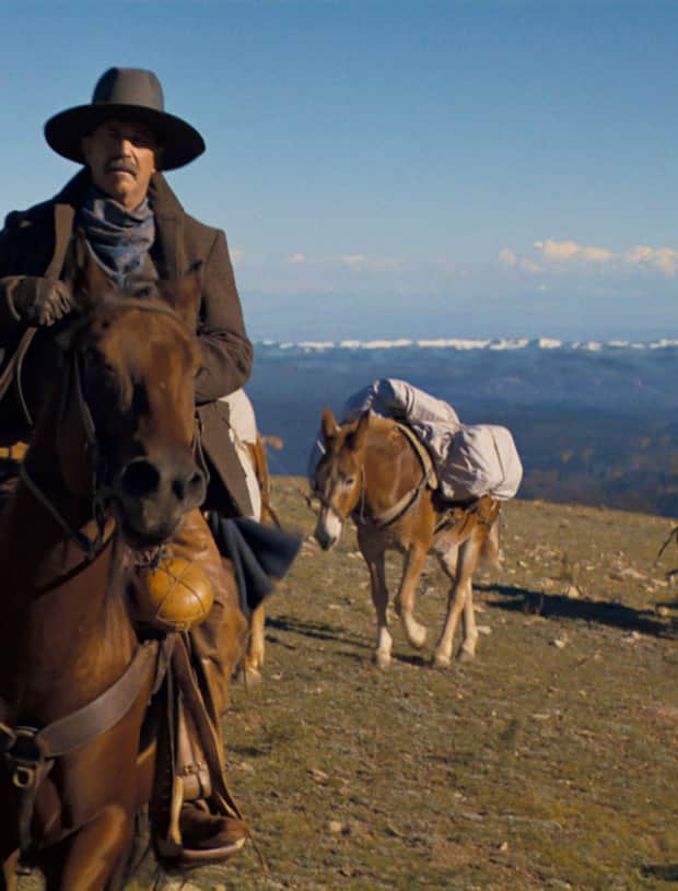 Kevin Costner rides a horse across a Southern Utah mountain range in the film, "Horizon: An American Saga."