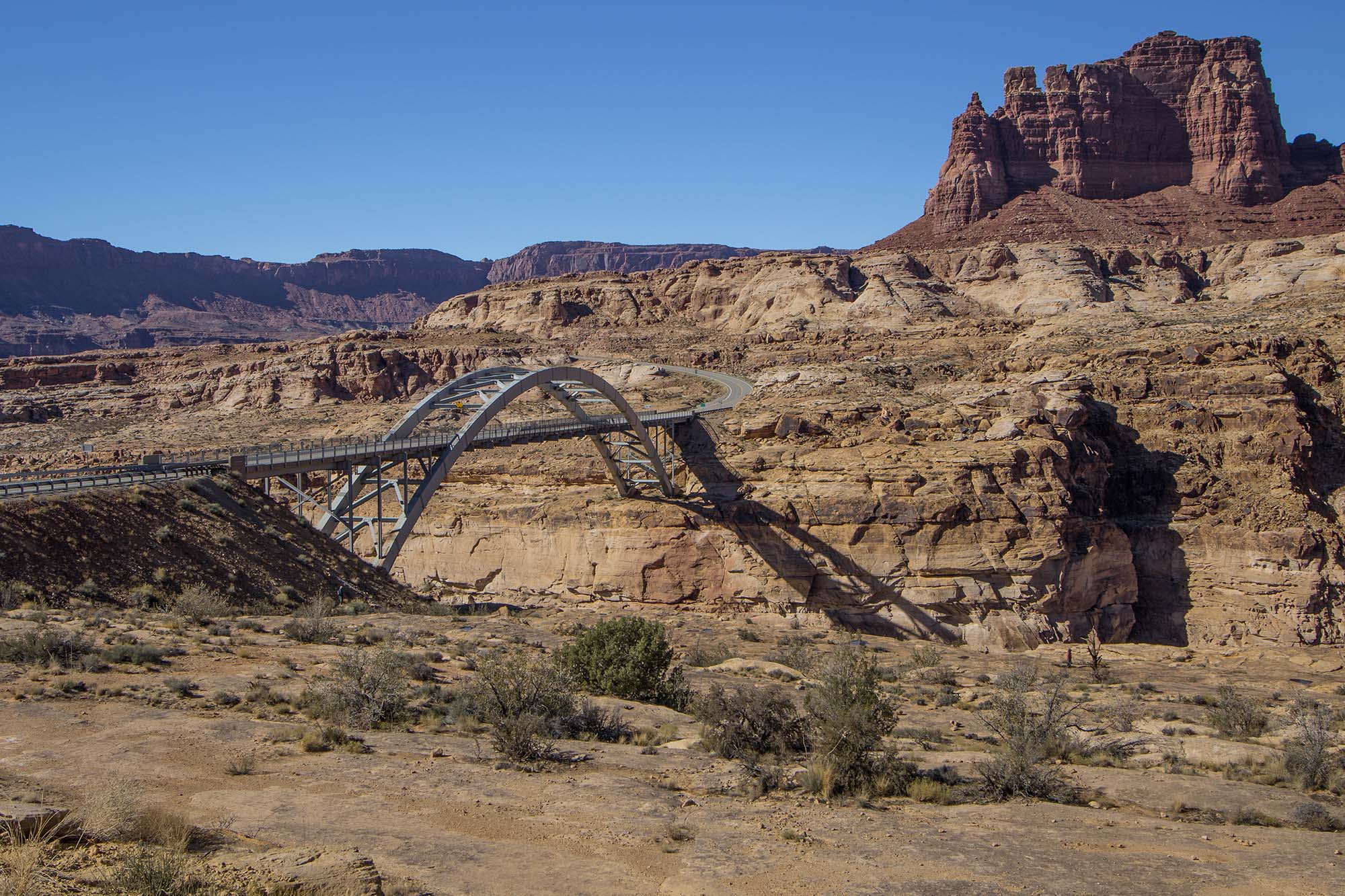 This steel arch bridge is the only vehicle crossing of the Colorado River between Moab and the Glen Canyon Bridge.