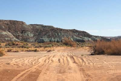 A sandy wash en route to the northern section of the Sovereign trail system, which is located on Dalton Wells Road.