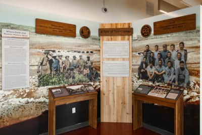 The Visitor Center features interpretive displays covering dinosaurs and the internment camp, as well as details about the park’s monthly events.