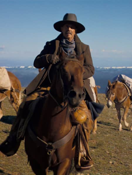 Kevin Costner rides a horse across a Southern Utah mountain range in the film, "Horizon: An American Saga."