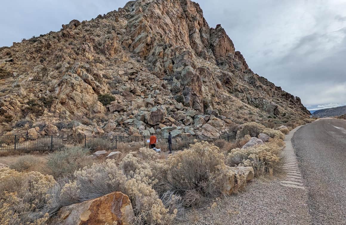The walls of the Parowan Gap are steep jumbles of weathered and fractured Navajo sandstone.
