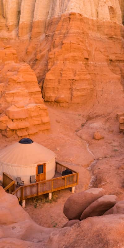 For a unique stay at Goblin Valley, a yurt offers a cozy retreat after exploring the whimsical hoodoos and provides the perfect spot for enjoying its renowned dark skies.