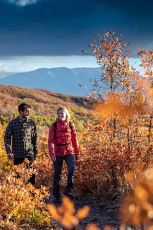 A man and a woman hiking in the mountains during the day, surrounded by fall foliage in shades of orange and brown.
