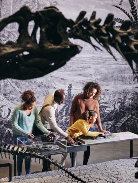 A family looking at a museum information sign with a dinosaur skeleton in front of them.