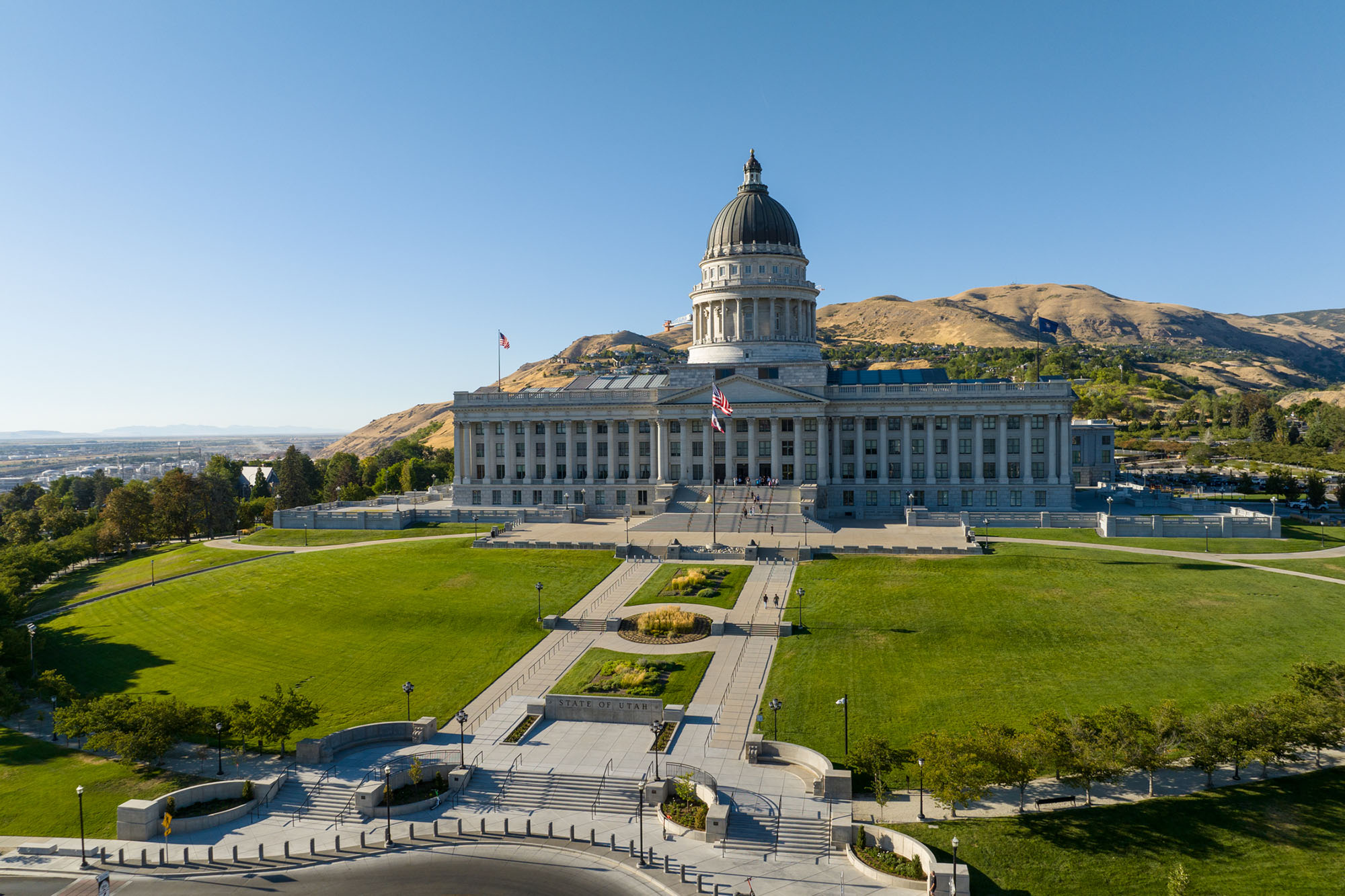 Visitors to the Utah State Capitol will enjoy spectacular views of the surrounding mountains and the downtown Salt Lake City skyline.