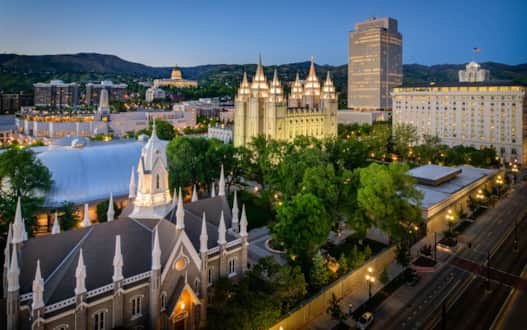 Temple Square contains historic buildings including The Salt Lake Temple, Salt Lake Tabernacle, Assembly Hall chapel and gardens, plus a visitor center, museums, libraries and pavilions.