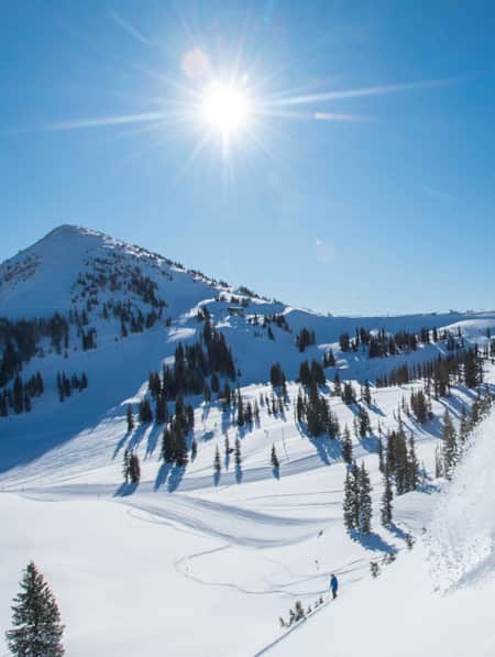 A skier skiing down a mountain covered in fresh snow under clear blue skies.