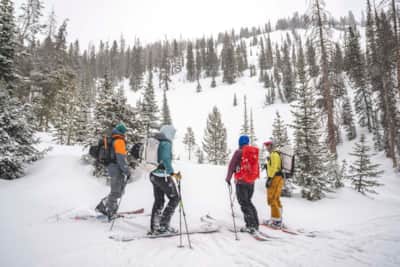 Sam Thackeray, Shaun Deutschlander, Melissa Fields and Rachael Burks regroup near the bottom of their next run, Temporary Obsession (visible in the background) while ski touring.