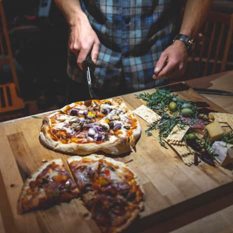 Wood-fired pizza fresh from the oven.