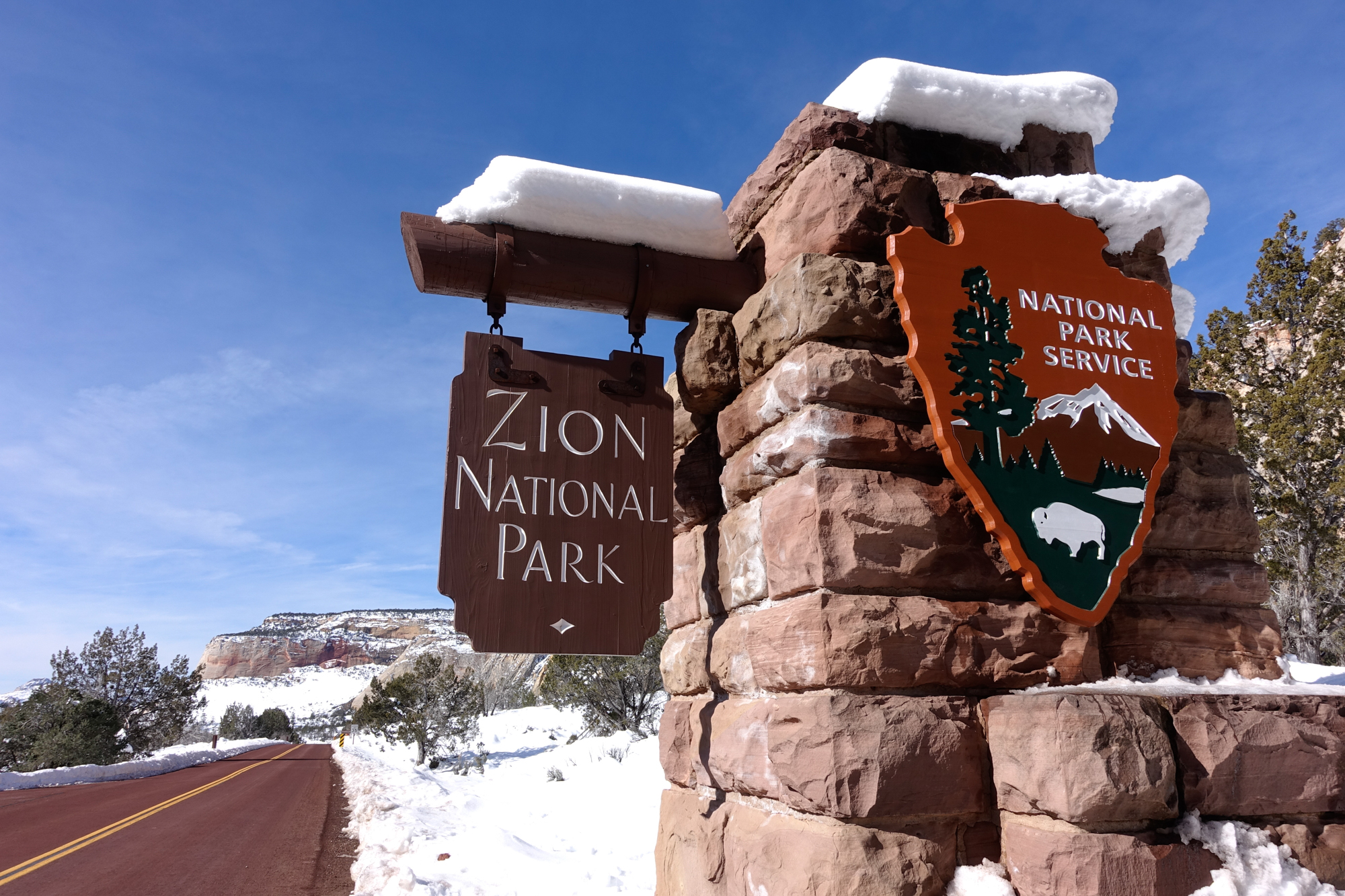 Zion's park East entrance in Southwestern Utah offering a snowy welcome. 