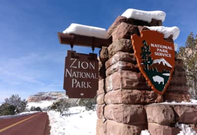 Zion's park East entrance in Southwestern Utah offering a snowy welcome.