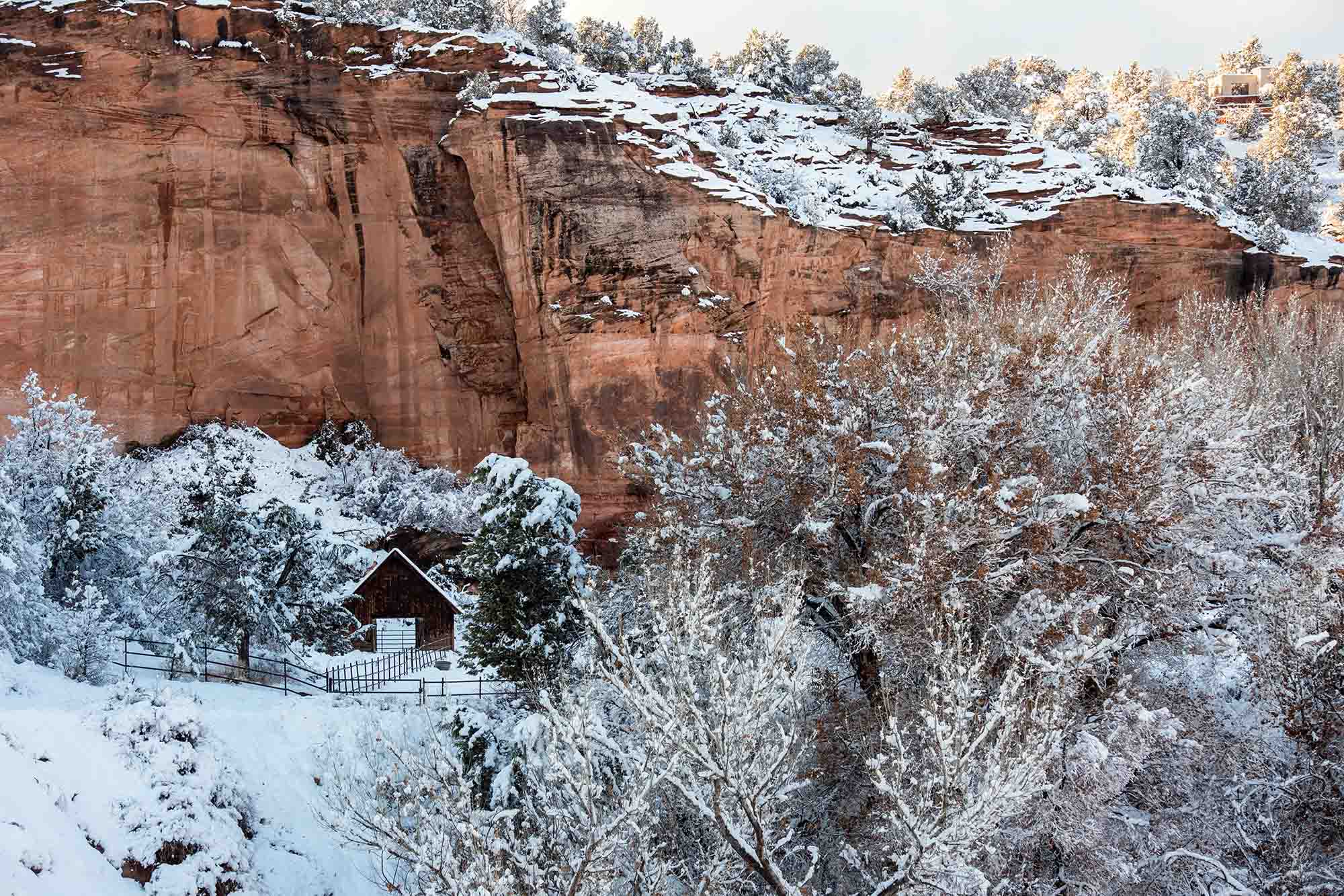 The red-rock canyons are even more stunning when dusted with snow, shown here at the Disney Barn, which was the filming location for “Return of the Apple Dumpling Gang.”