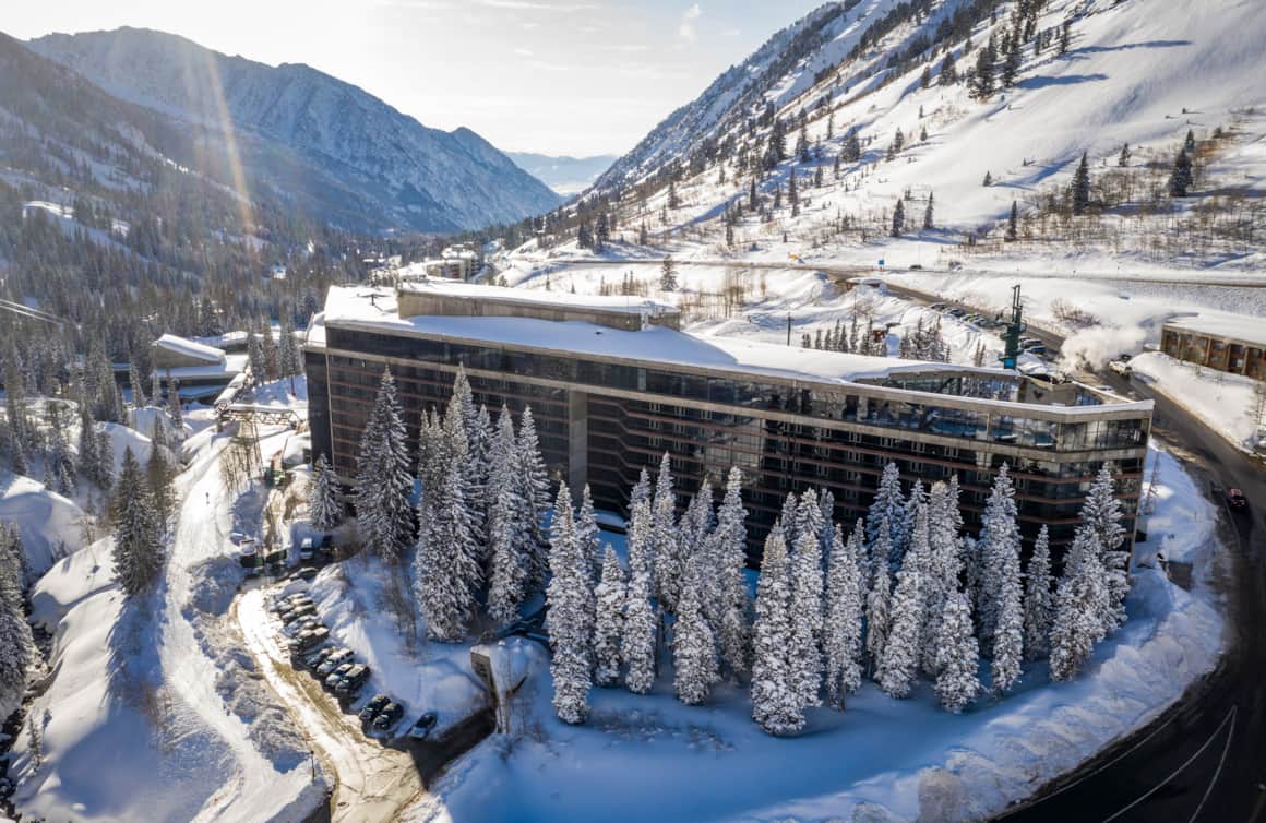 A snowy view of Snowbird in Little Cottonwood Canyon.