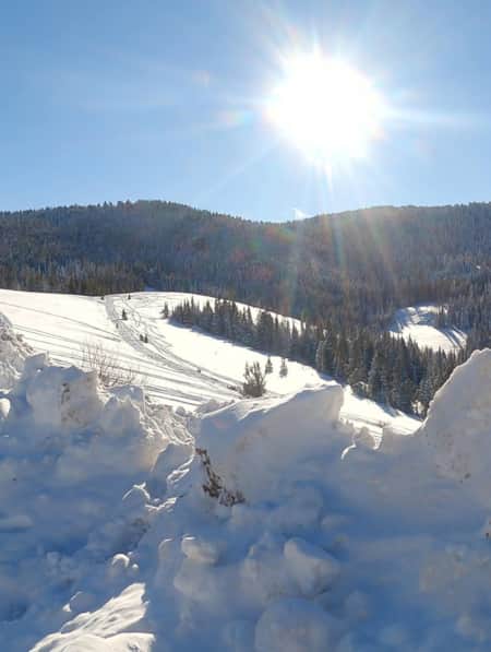 Snowmobile tracks and a snowy view of Bear Lake.