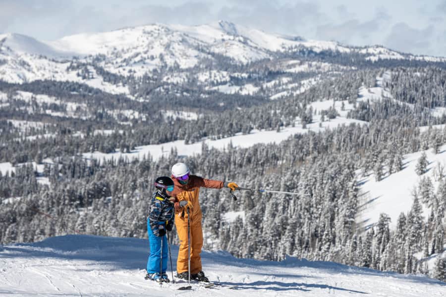 Agnes points out our next run from the top of Beaver Mountain Ski Area.