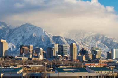 Downtown Salt Lake City backs up against the Wasatch Moutains.