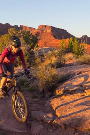 Two mountain bikers riding on top of large, sandy rocks among small bushes.