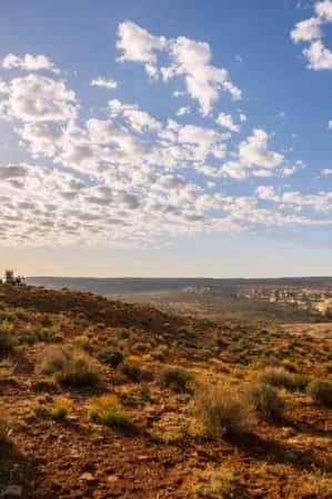 People setting up a campsite in the middle of a desert with red sand, rocks, and small green bushes.