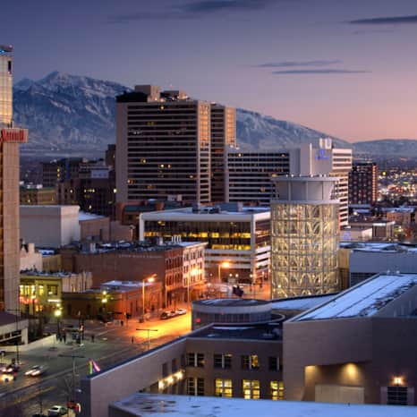 A mountainous, snow-capped backdrop sets downtown Salt Lake City apart.