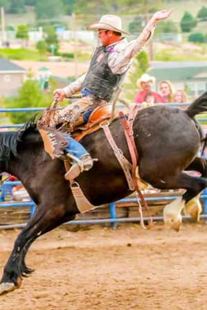 A man wearing cowboy attire, getting bucked by a horse in an arena.