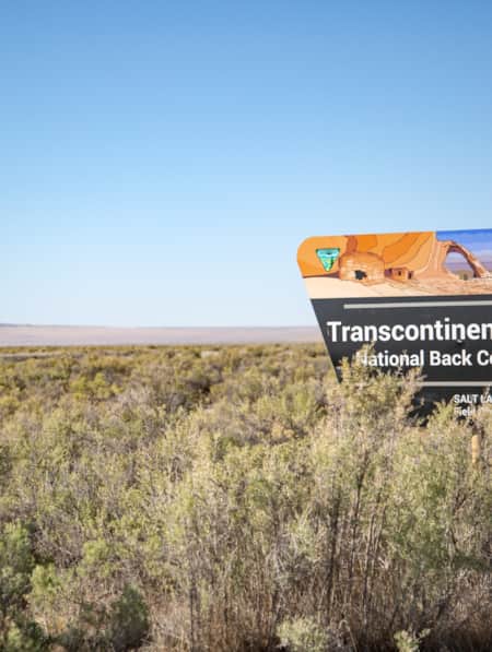 A sign in an open field of small shrubs reading "Transcontinental Railroad National Backcountry Byway."